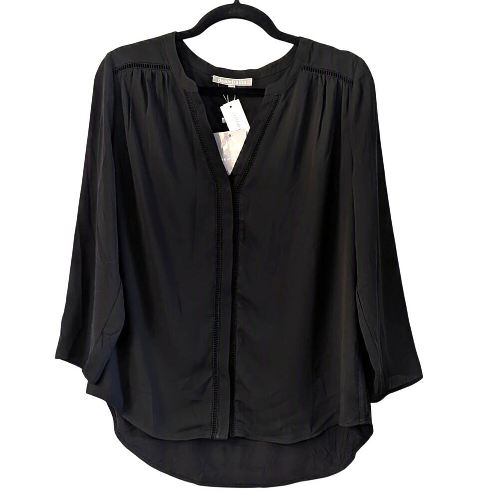 NEW Daniel Rainn Black Ladder Trim Roll Tab Blouse M Tunic Office Minimalist